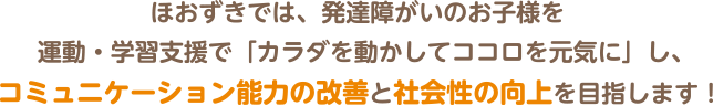 ほおずきでは、発達障がいのお子様を運動・学習支援で「カラダを動かしてココロを元気に」し、コミュニケーション能力の改善と社会性の向上を目指します！