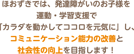 ほおずきでは、軽度発達障がいのお子様を運動・学習支援で「カラダを動かしてココロを元気に」し、コミュニケーション能力の改善と社会性の向上を目指します！