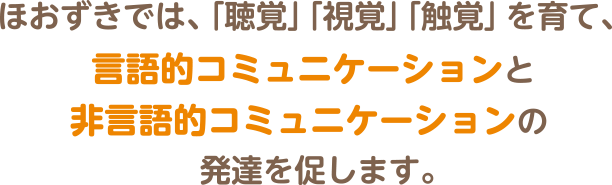 ほおずきでは、「聴覚」「視覚」「触覚」を育て、言語的コミュニケーションと非言語的コミュニケーションの発達を促します。